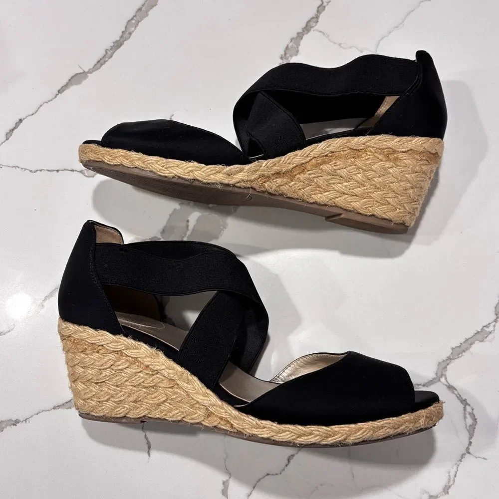 Bandolino | Rattan Hullen Black Wedge Sandals Heels Elastic Ankle Straps SZ 8.5